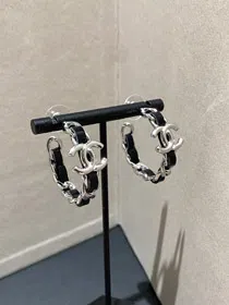Chanel silver leather hoop earrings-3596  