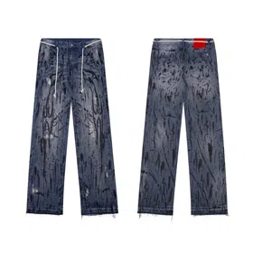 Hellstar Splatter Graffiti Monkey Washed Blue Casual Loose Straight Jeans-4946  